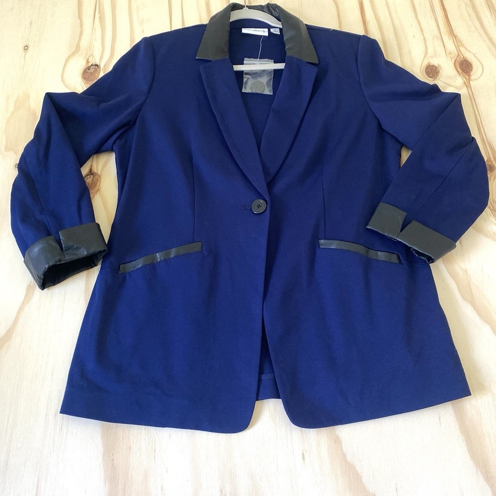 Susan Graver Ponte Jacket with Faux Leather Trim Size 12p Blue Black One-Button